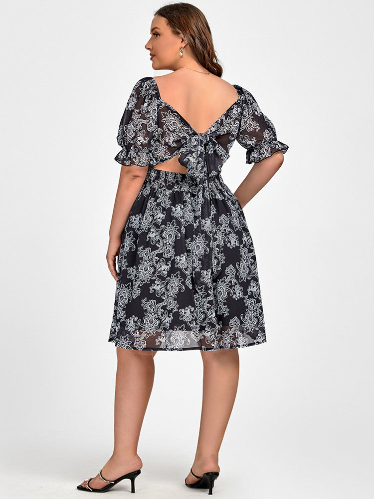 Plus Black Floral Square Neck Puff Sleeve Midi Dress